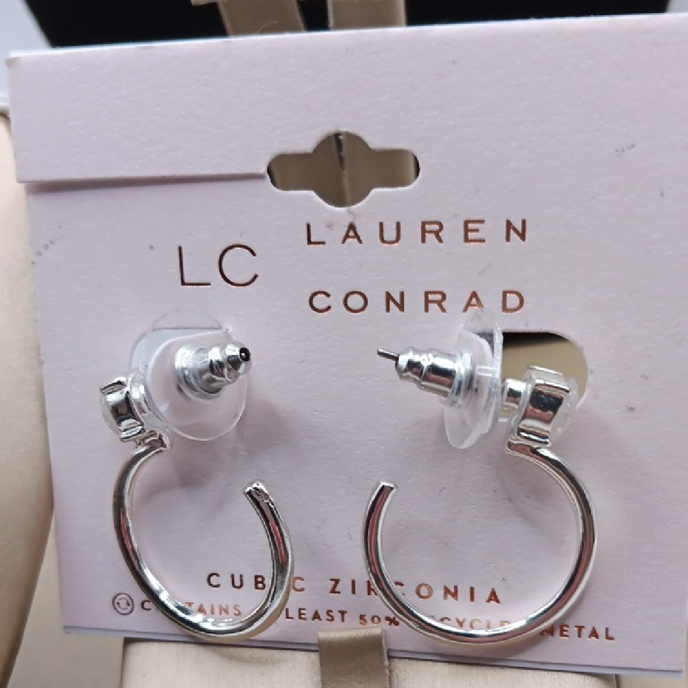 NWT LC Lauren Conrad CUBIC ZIRCONIA Silver Open Hoop Stud Recycled Metal Earring